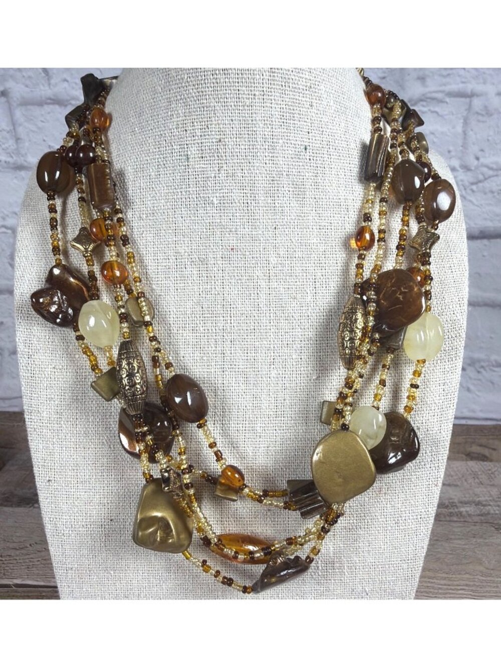 Multi Strand Beaded Statement Necklace Earth Tone Chunky Boho Layered Collar - Picture 6 of 10
